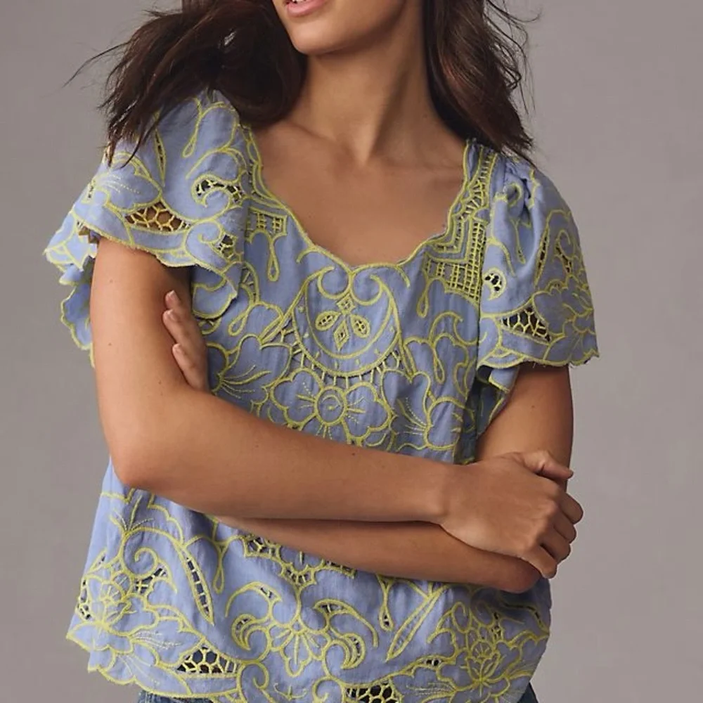 Anthropologie Embroidered Scallop Hem Flutter Sleeve Top - Light Blue/Green - Picture 1 of 3